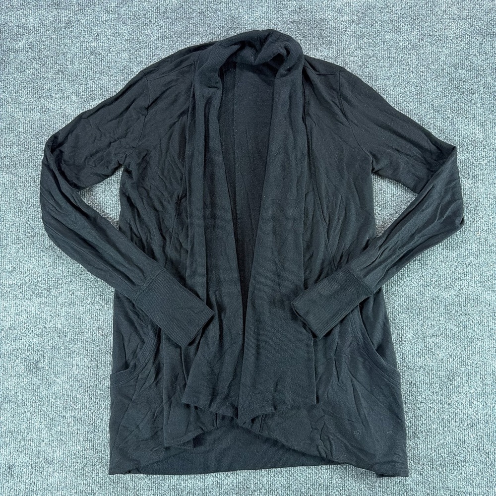 Athleta Pranayama Wrap Cardigan Black Open Front Thumbhole Pockets XXS Shawl